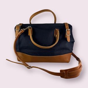 Wood & Faulk USA Blue Canvas Leather Trim Carpenter Crossbody Handbag Travel Bag